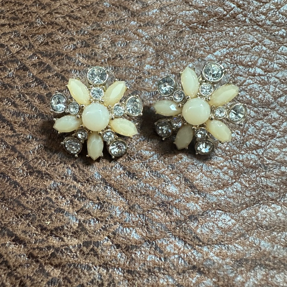 Elegant Cream and Silver Floral Earrings Pierced